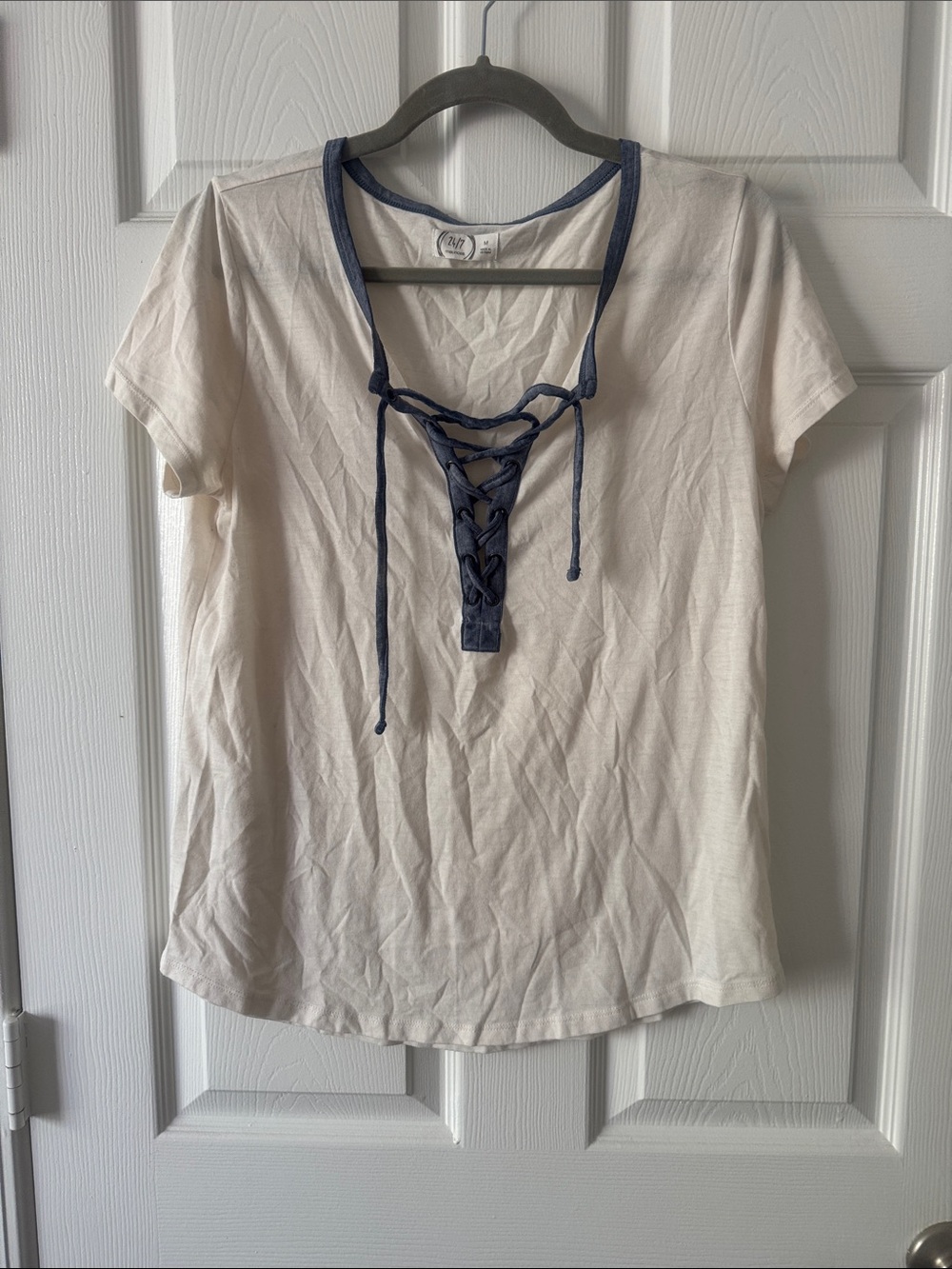 Maurices Cream Short-Sleeve Lace-Up Tee with Navy Accents
